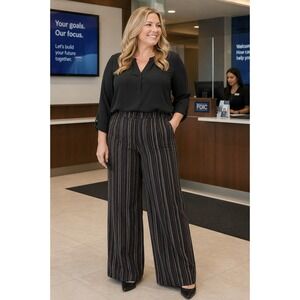 Crossing Pointe Striped Wide Leg Trousers Womens 14 MS Black Brown Silver Pants